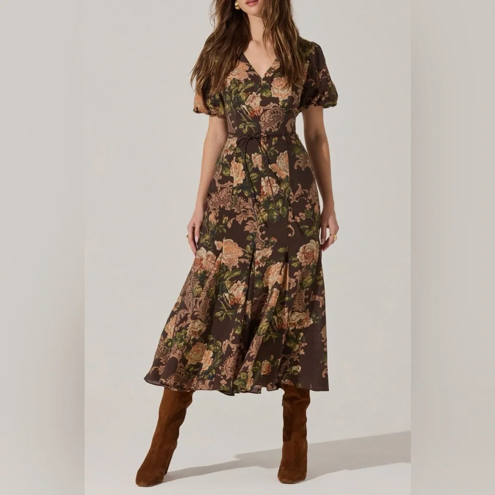 Astr the label Brown Floral Midi Dress - Picture 1 of 6